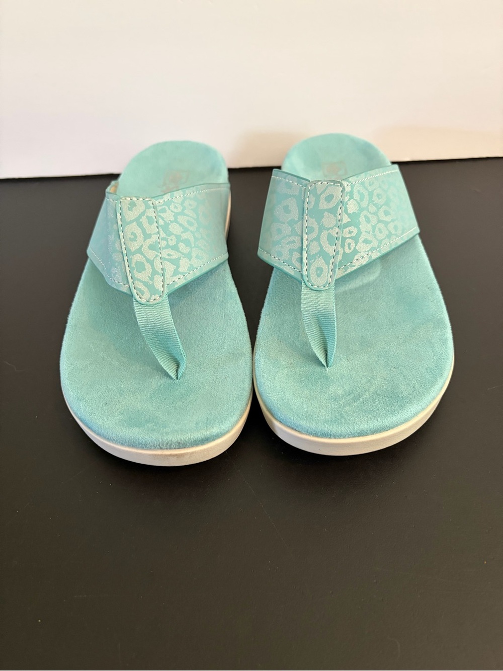 Spenco Newport Size 9 Aqua Cheetah Metallic Print Orthotic Thing Sandals